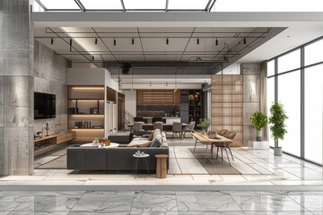 Fototapeta premium A large, modern living room with a white ceiling and a large window