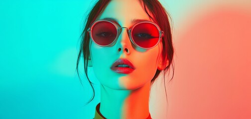 Stylish woman wearing red sunglasses against a vibrant background.
