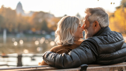 Happy middle-aged couple sitting on a park bench, smiling and enjoying the serene lake view with ducks swimming, symbolizing life satisfaction and contentment.