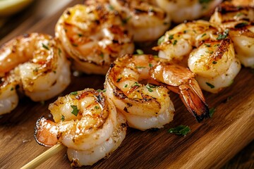 Delicious grilled shrimp skewers garnished with herbs, perfect for seafood lovers and outdoor barbecues.