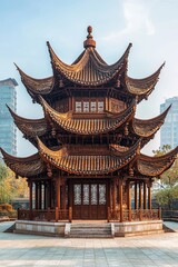 Fototapeta premium Traditional Chinese wooden pagoda in a large courtyard, multi-layered flying eaves with intricate carvings, aged wood with deep brown tones, orderly tiled roof with a dust-covered appearance, side lig