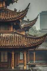 Fototapeta premium Traditional Chinese wooden pagoda in a large courtyard, multi-layered flying eaves with intricate carvings, aged wood with deep brown tones, orderly tiled roof with a dust-covered appearance, side lig