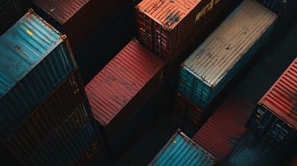 Fototapeta premium Aerial view of colorful shipping containers stacked together in a modern port, showcasing a vibrant industrial landscape.