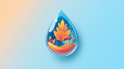 Raindrop Illustration with Autumn Leaves Inside Blue And Orange Gradient Background Cartoon Style