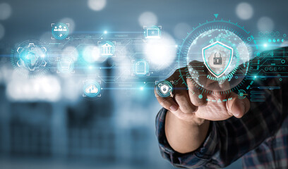 Hand touching padlocks with data protection, user's personal information security, user privacy security and encryption, biometric identification, cybersecurity protection, data protection concept.