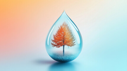 Autumn Tree Inside Water Droplet with Orange and Light Blue Gradient Background