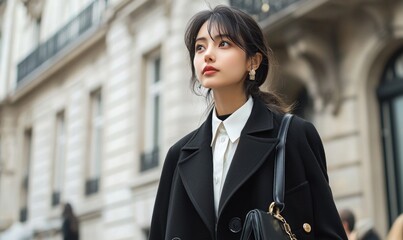 Stylish woman in chic black coat walking through city streets