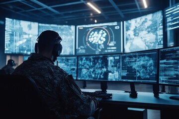 Fototapeta premium A soldier monitors multiple digital screens in a high-tech military command center, focused on data analysis and operations.