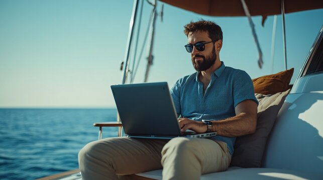 A man working remotely on a laptop aboard a yacht, enjoying the sunlit sea view, blending leisure with productivity.