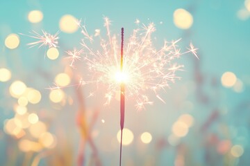 Obraz premium A brightly lit sparkler in the foreground, casting a warm glow, with light blue background