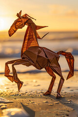 An intricately folded origami horse mid-gallop on a sandy beach, casting shadows in the warm, golden sunset light.