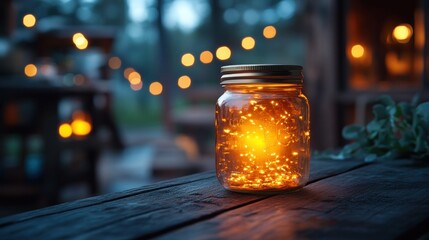 A glowing jar of lights on a rustic wooden table outdoors.