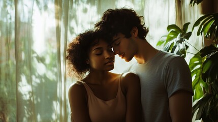 An interracial couple shares a tender moment by a window, bathed in soft sunlight and love.