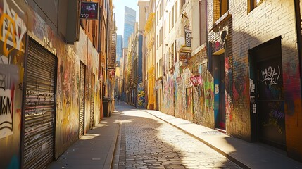Naklejka premium Vibrant street art in an urban alley during golden hour with sunlit cobblestones.