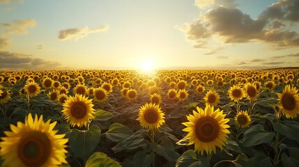 Fototapeta premium Vibrant sunflowers blooming under a golden sunset sky.