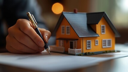 Homebuyer signing paperwork with a model house on the desk, highlighting the pen and signature under soft lighting, with a blurred background of documents and a realtor observing.