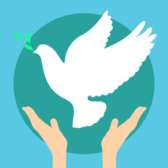 Vector dove of peace and hands logo icon design on a background of green and blue. Symbol of peace and freedom, anti war emblem	