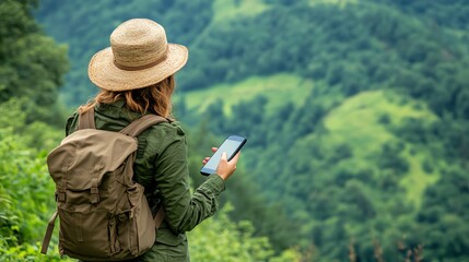Woman using smartphone in nature, enjoying scenic mountain view.