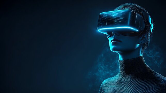 Woman with virtual reality headset in a dark environment, glowing effects