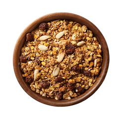 Bowl of granola with mixed nuts seeds grains isolated on transparent background, flat lay png