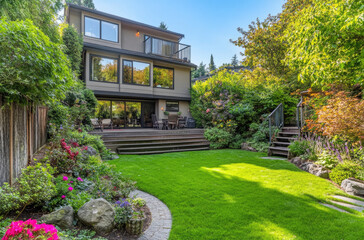 Naklejka premium A beautiful home with green grass, flowers, and trees in the backyard. The house has gray walls and white windows