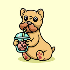 cute pug dog drink boba cartoon illustration vector