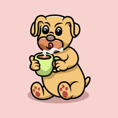 cute pug dog drink coffe cartoon illustration vector