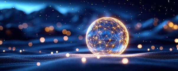 A glowing globe with a network design, set against a mystical blue background, representing modern technology and connectivity.