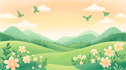 Obraz premium Watercolor Spring Landscape with Blooming Flowers and Butterflies