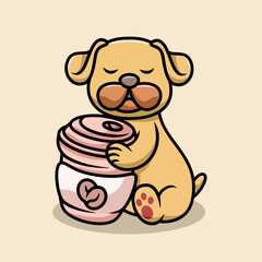 cute pug dog drink coffe cartoon illustration vector