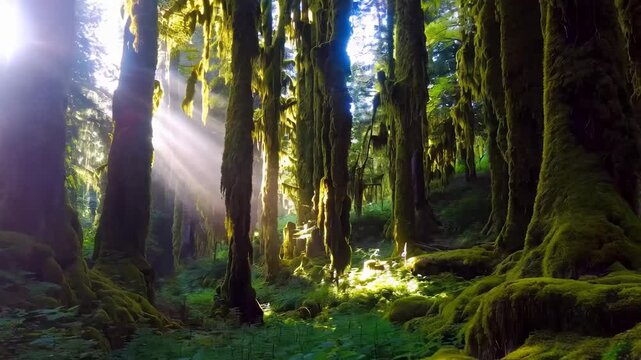 Tranquil and serene sunlit mossy forest. Filtered sunlight. Peaceful tranquility. The eco-friendly woodland environment.
