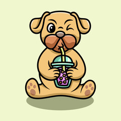 cute pug dog drink boba cartoon illustration vector