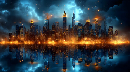 Cityscape Reflections - Nighttime Metropolis with Glowing Lights