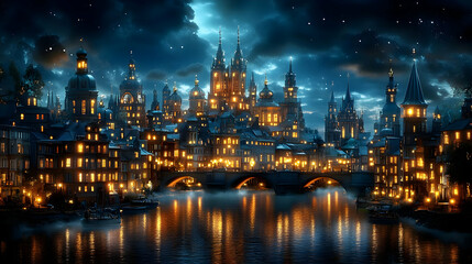 Obraz premium Nighttime Cityscape with Bridges, Towers, and Lights