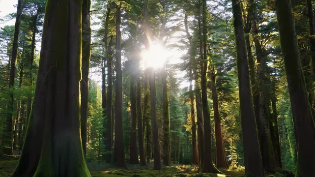 Tranquil and serene sunlit mossy forest. Filtered sunlight. Peaceful tranquility. The eco-friendly woodland environment.

