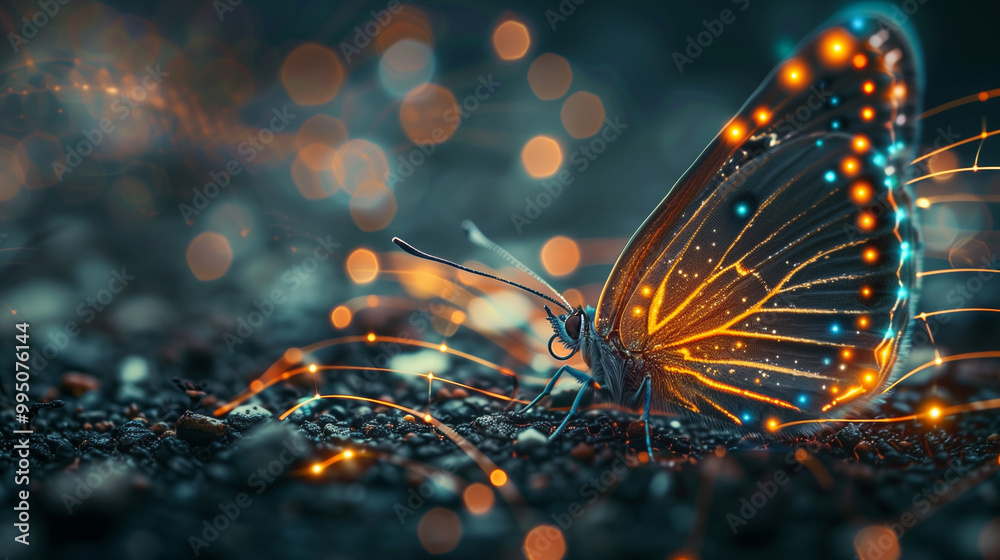 Poster Close-up of butterfly illuminated with glowing digital lights, representing technology and nature fusion