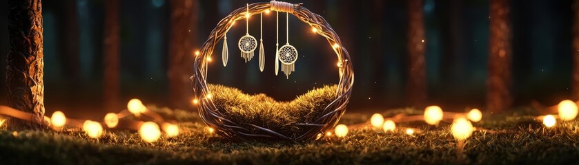 Enchanting dreamcatcher in a forest, illuminated by warm lights, creating a serene, magical atmosphere.