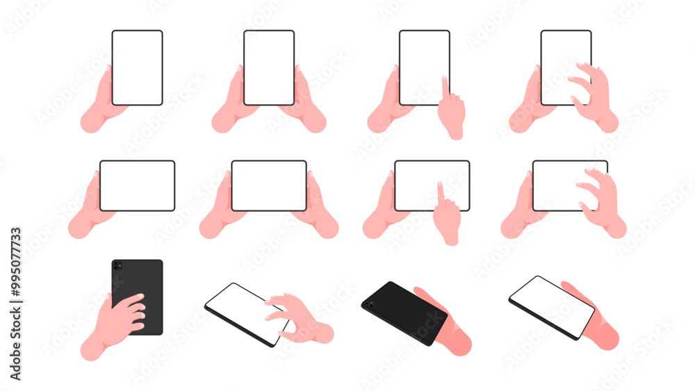 Poster hand holding tablet computer set: horizontal and vertical use with finger tapping on blank display s