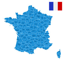 France - detailed blue country map with cities and regions. Vector illustration.