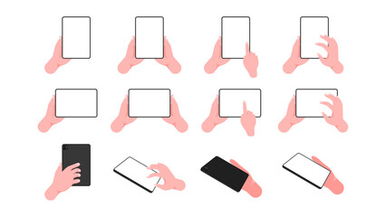 Hand Holding Tablet Computer Set: Horizontal and Vertical Use with Finger Tapping on Blank Display Screen – Vector Collection