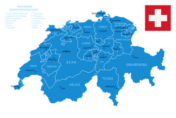 Switzerland - detailed blue country map with cities and regions. Vector illustration.