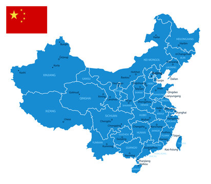 China - detailed blue country map with cities and regions. Vector illustration.