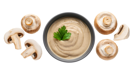 Bowl of delicious creamy mushroom sauce isolated on transparent background, flat lay png
