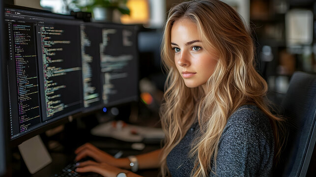 Coding Focus: Woman Concentrating on Code on a Computer