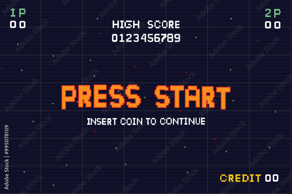 Leinwandbilder preesstart.Pixel art background.8 bit game. retro game. for game assets in vector illustrations. Retro Futurism Sci-Fi Background. glowing neon grid. and stars from vintagsynwap table1 start new