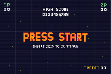 preesstart.Pixel art background.8 bit game. retro game. for game assets in vector illustrations. Retro Futurism Sci-Fi Background. glowing neon grid. and stars from vintagsynwap table1 start new