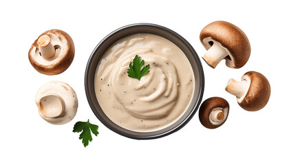 Bowl of delicious creamy mushroom sauce isolated on transparent background, flat lay png