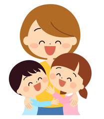 お母さんに抱きつく子供達　家族