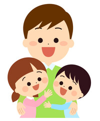 お父さんに抱きつく子供達　家族