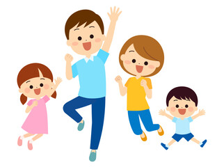 喜びでジャンプする家族　夏服
